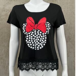 Disney Top Womens Medium Black Minnie Mouse Graphic Lace Trim Short Sleeves‎ NWT